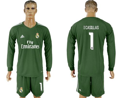 Real Madrid #1 I Casillas Green Goalkeeper Long Sleeves Soccer Club Jersey